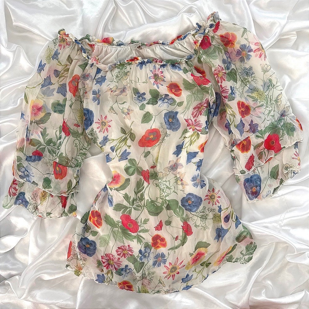 Zelambra Italy Floral Silk Off Shoulder Ruffle Blouse Top White Red Blue
